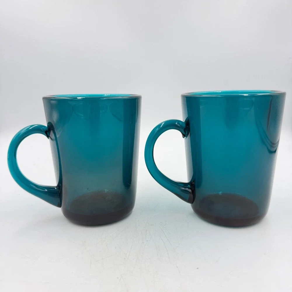 Pair of Nuutajärvi Notsjö Kartio Mugs Kaj Franck Finland Turquoise Hand Blown